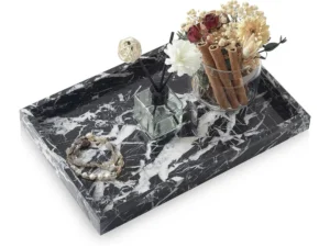 Rectangular beige travertine bathroom vanity tray styled with soap dispensers and a candle
