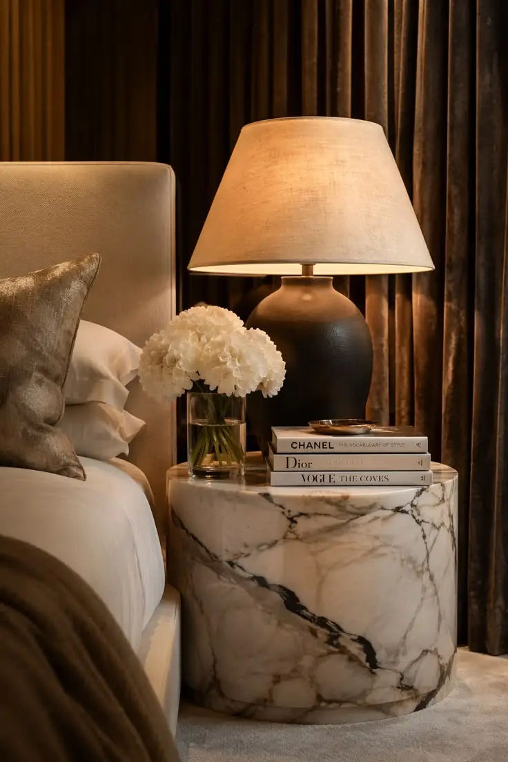 Cozy home decor - bedside lamp and nightstand styling