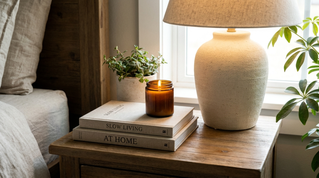 stacked hardcover books and ceramic table lamp on wooden nightstand