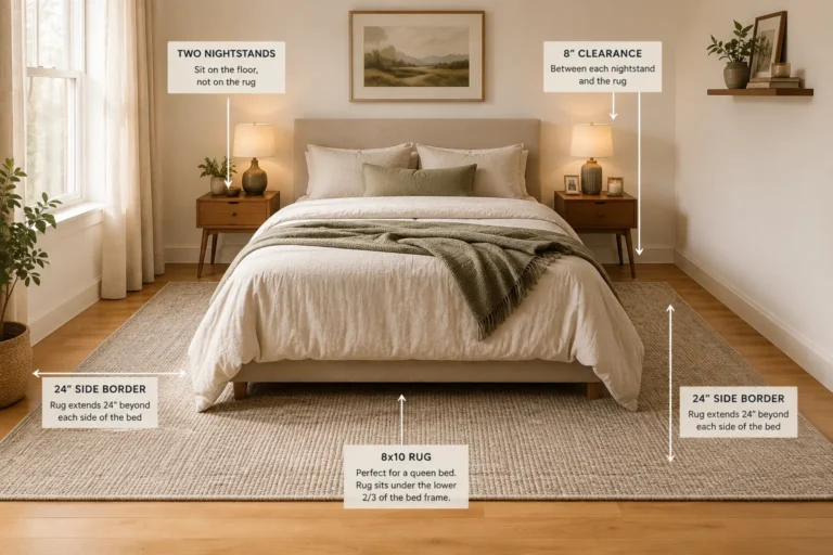 8x10 neutral area rug placed under the lower two thirds of a queen bed
