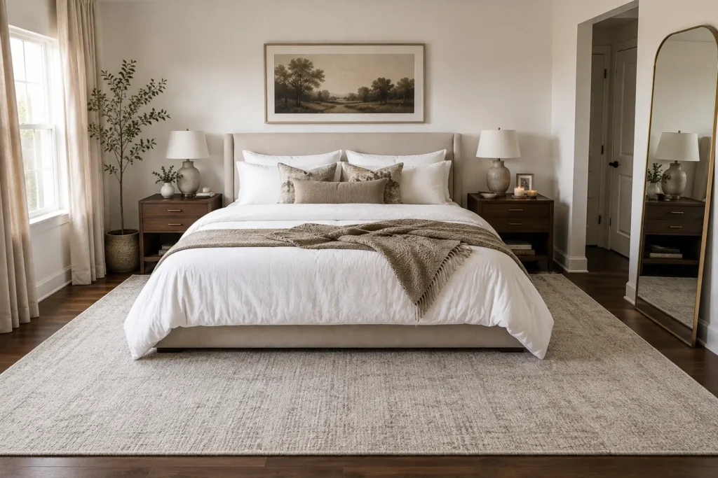 9x12 large area rug under king size bed frame and nightstands