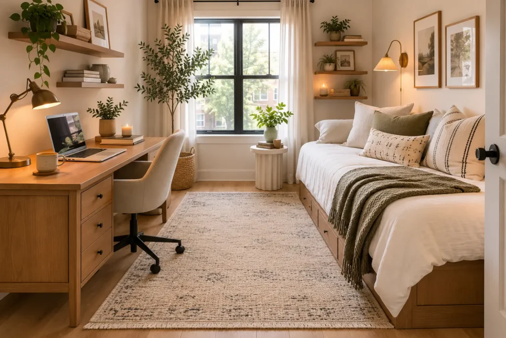 home office and small guest bedroom combo setup with desk