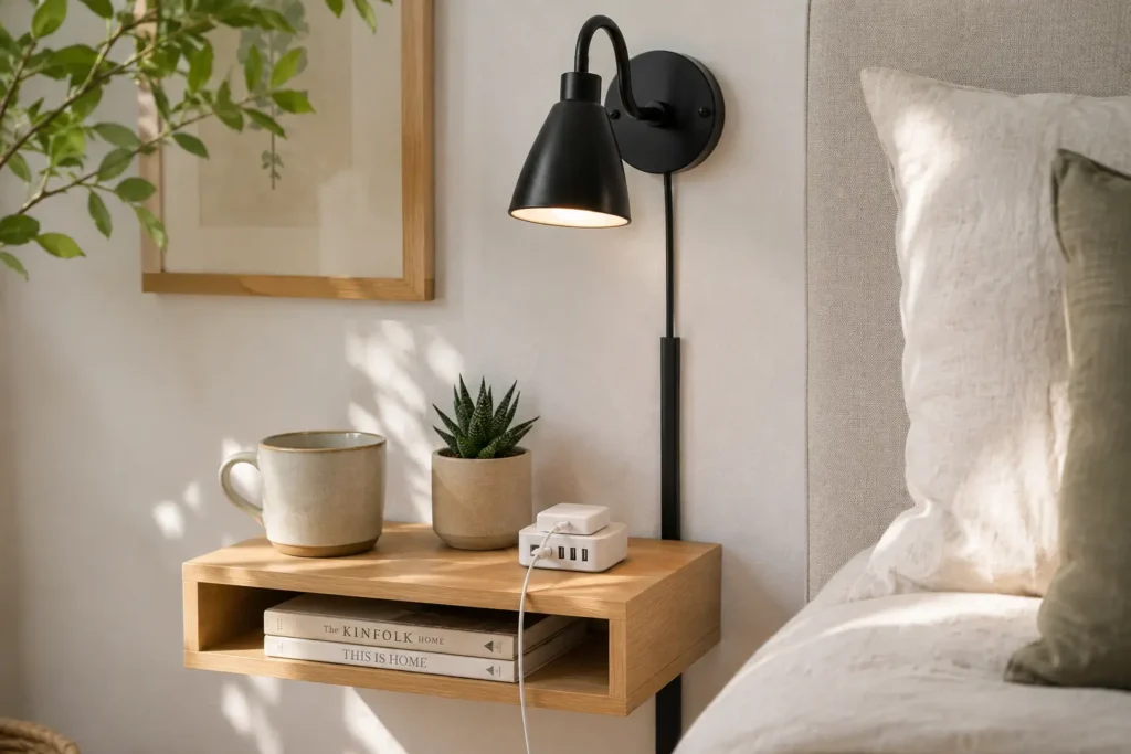 Alt Text: floating shelf nightstand and plug in wall sconce in small bedroom