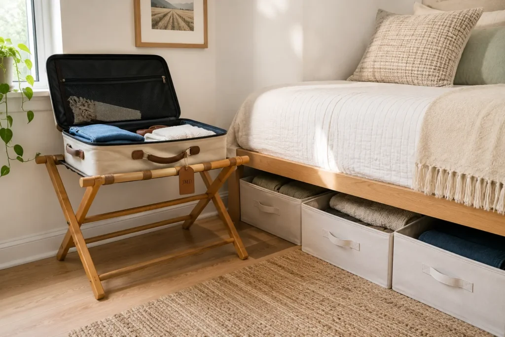 foldable bamboo luggage rack in small guest room corner