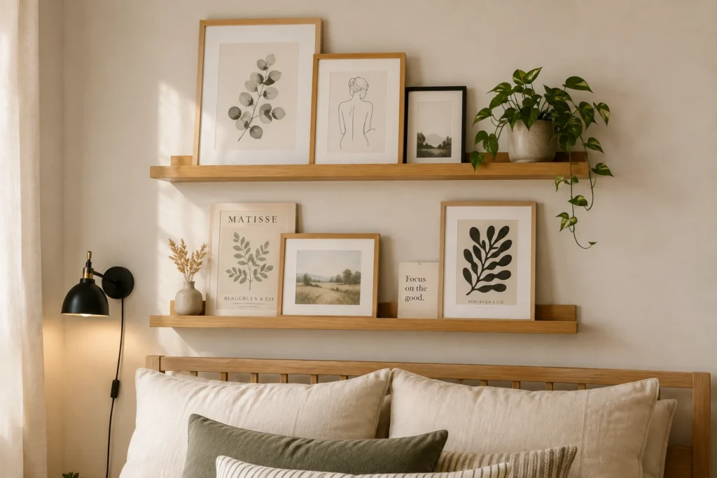 stacked wooden picture ledges with framed prints above bedroom bed