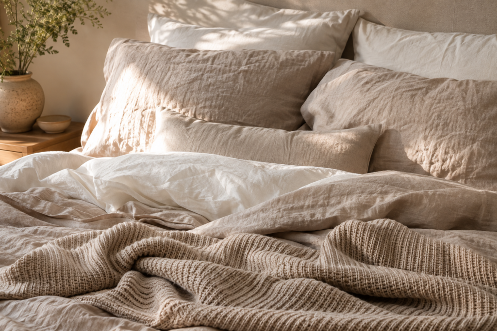 layered washed linen duvet and waffle knit throw in neutral bedroom