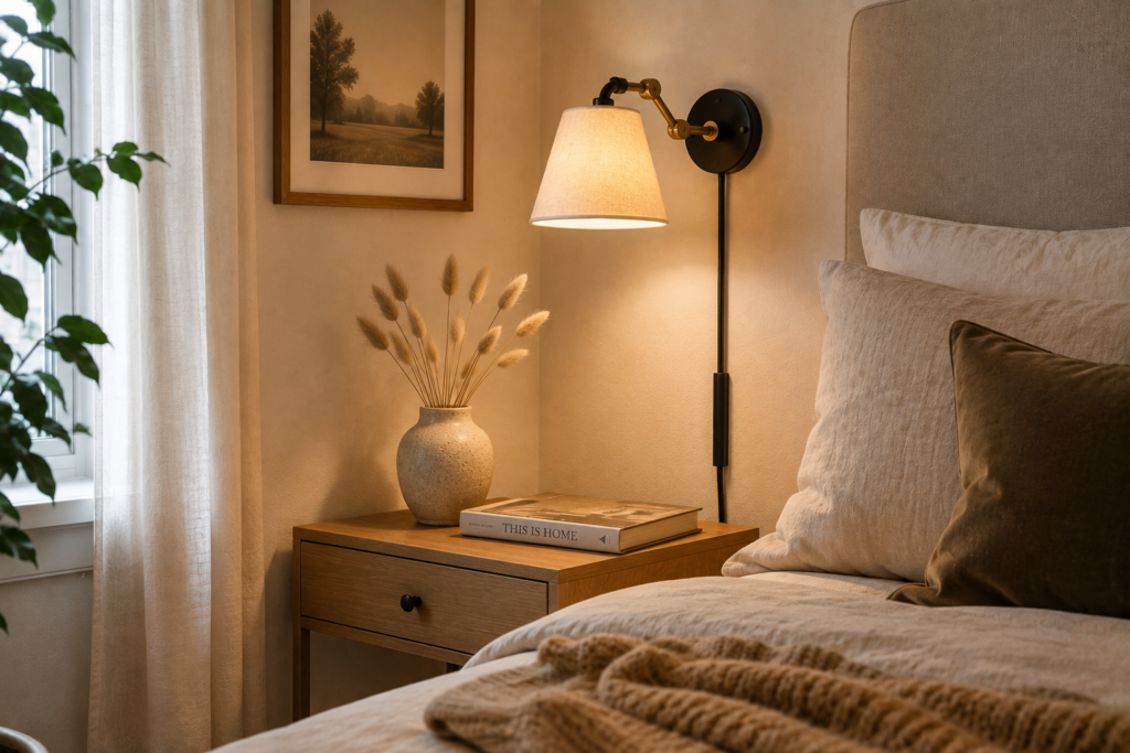 boucle accent chair and woven seagrass basket in neutral bedroom corner