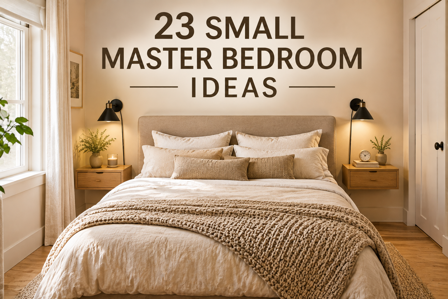 small master bedroom ideas layout with floating nightstands and warm lighting