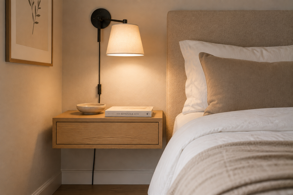 floating wooden nightstand and plug in wall sconce in small master bedroom