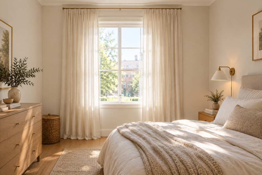 floor to ceiling linen curtains mounted close to ceiling in small bedroom