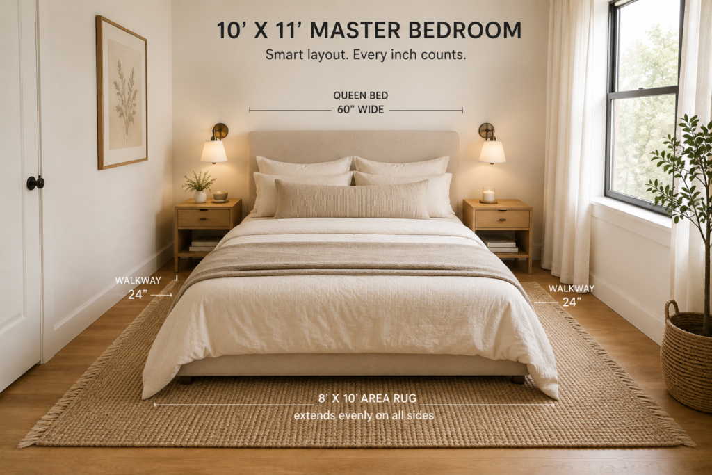 symmetrical small master bedroom layout with queen bed and low pile rug