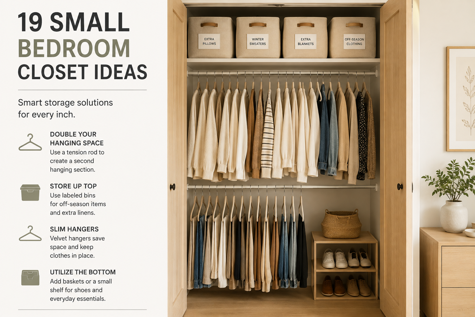 small bedroom closet ideas with double hanging tension rod and storage bins