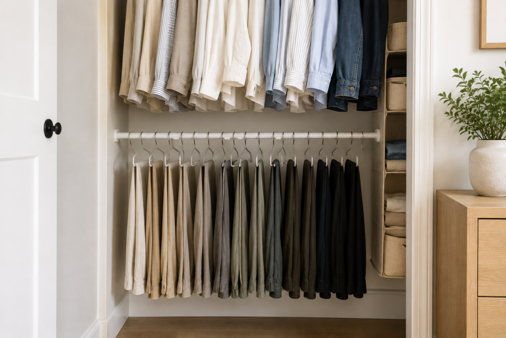 tension rod added inside small bedroom closet for double hanging space