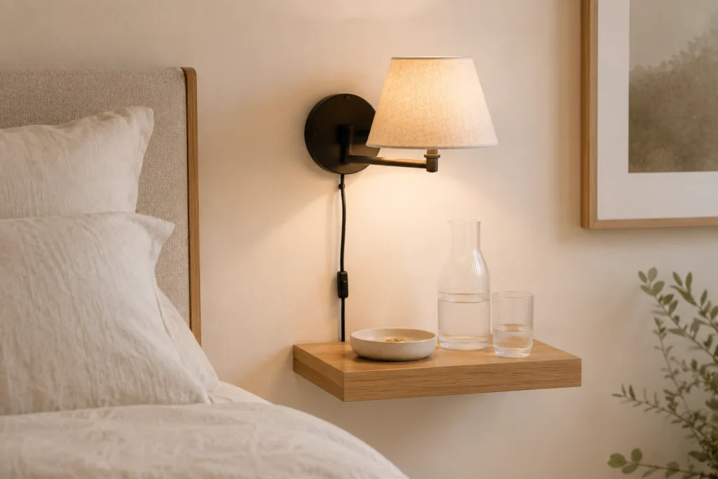 floating wooden nightstand shelf with plug in sconce in small bedroom