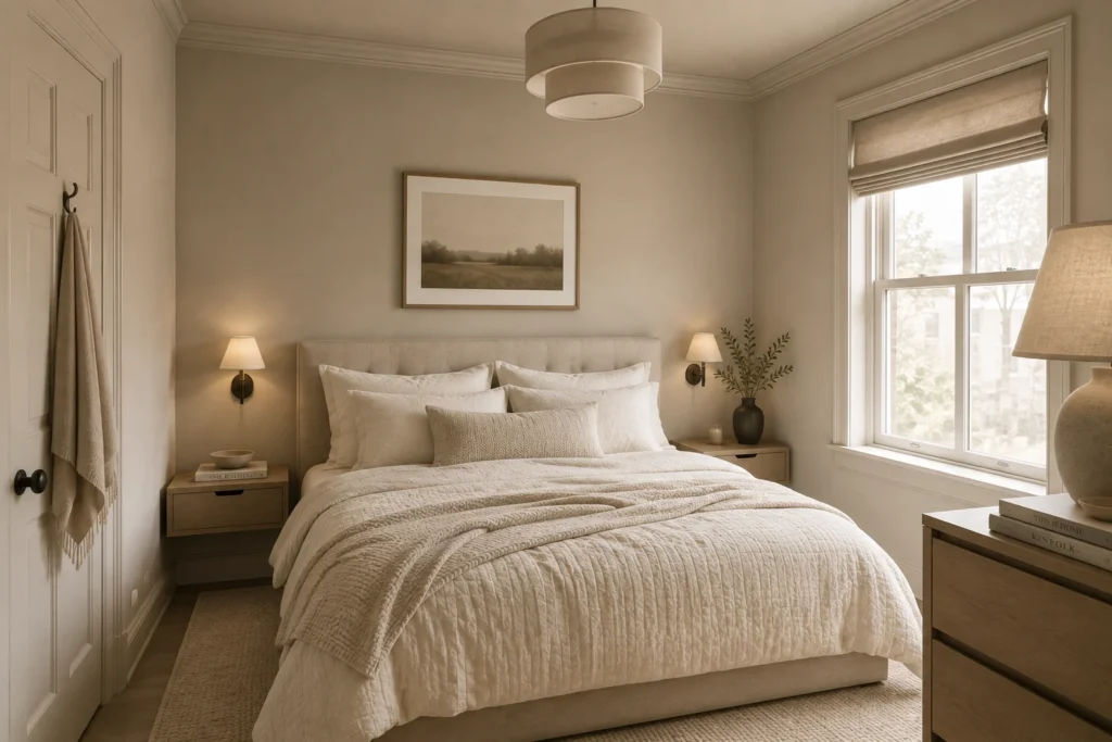 color drenched small bedroom with matching greige walls and ceiling
