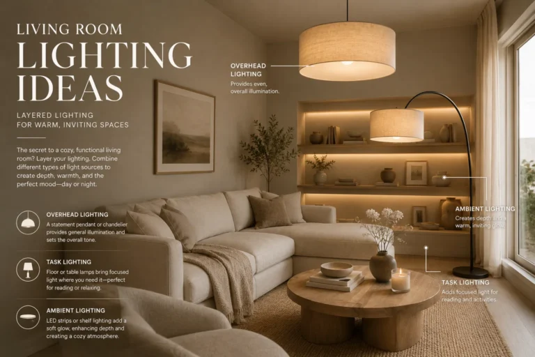 Infographic showing living room lighting ideas and the three-layer formula for home decor.