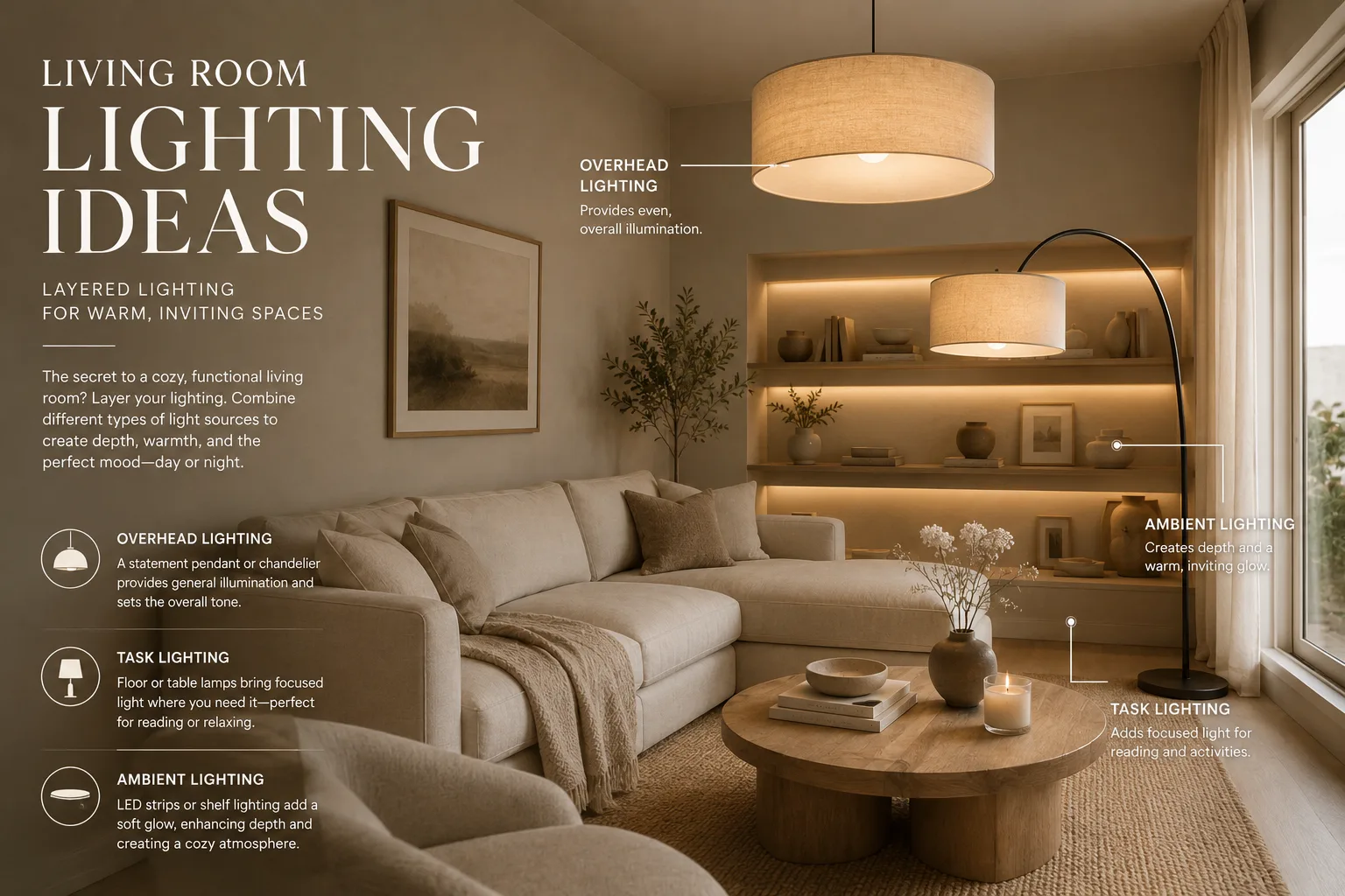 Infographic showing living room lighting ideas and the three-layer formula for home decor.
