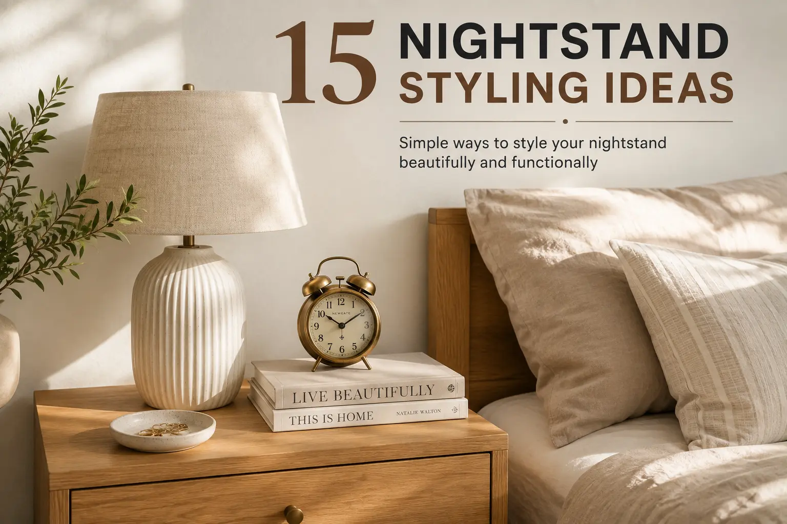 nightstand styling ideas diagram with ceramic lamp and stacked books