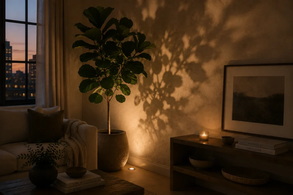 Hidden LED cove lighting washing warm illumination across a living room ceiling