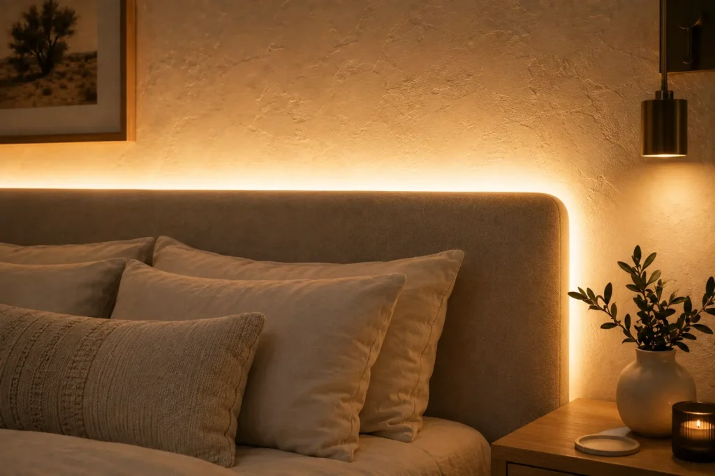 warm indirect LED backlighting installed behind upholstered bedroom headboard