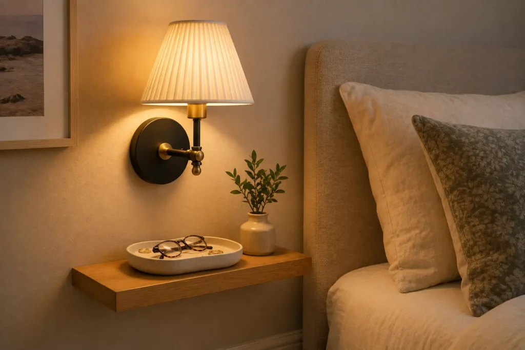 matte black wall sconce with wireless LED puck light in apartment bedroom