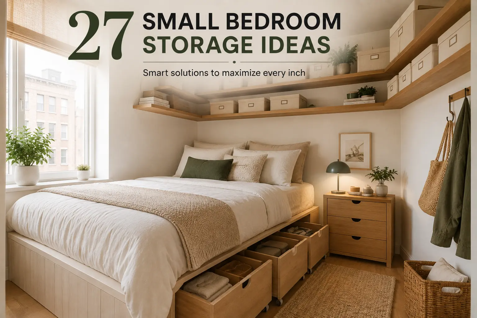small bedroom storage ideas layout diagram with under bed drawers and wall shelves