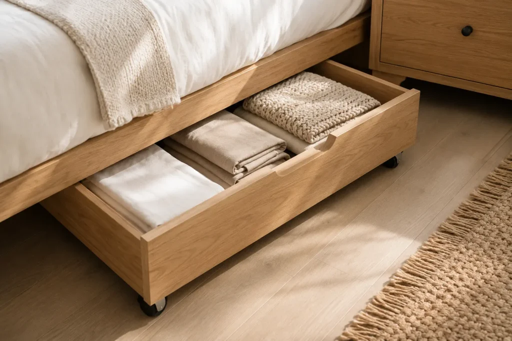 under bed rolling storage drawers holding extra linens in small bedroom