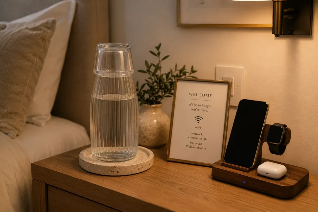 fluted bedside water carafe and multi port phone charger on small guest room nightstand