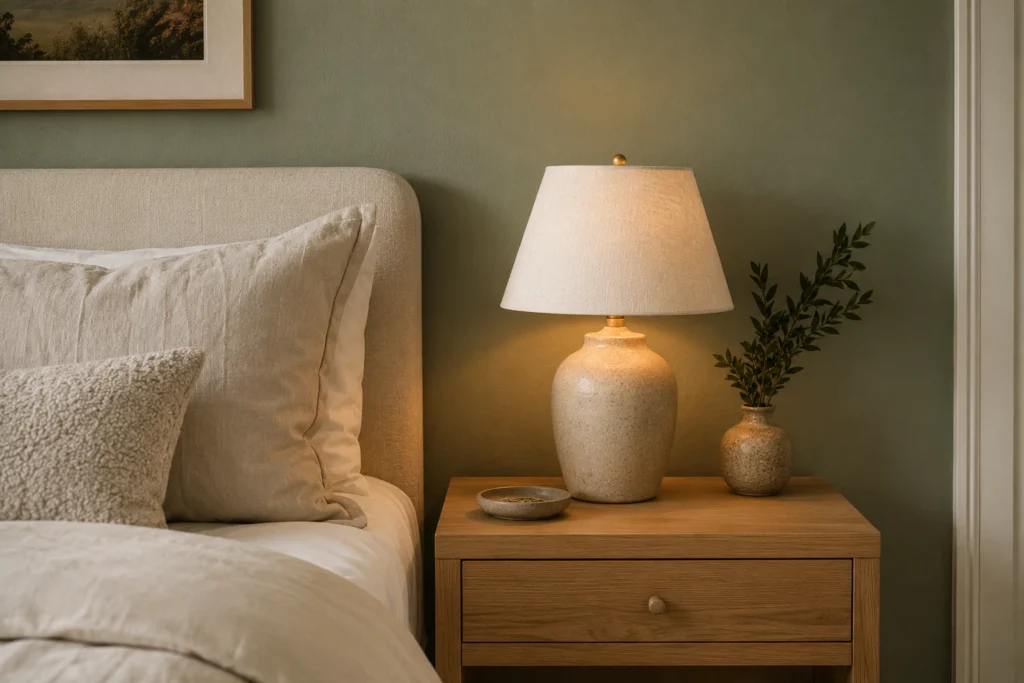 muted sage green painted bedroom wall with light oak nightstand