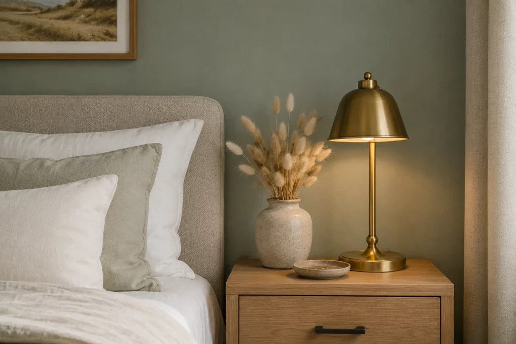 muted coastal sage green painted bedroom wall with light oak furniture