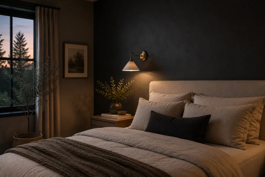 deep slate charcoal painted bedroom wall with warm glowing wall sconce