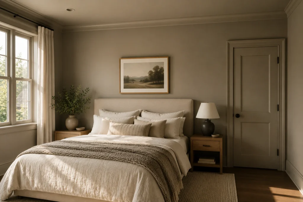 monochromatic color drenched bedroom with matching painted walls trim and door