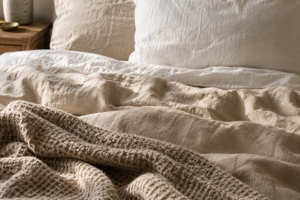 layered washed linen duvet and textured waffle knit blanket on cozy bed