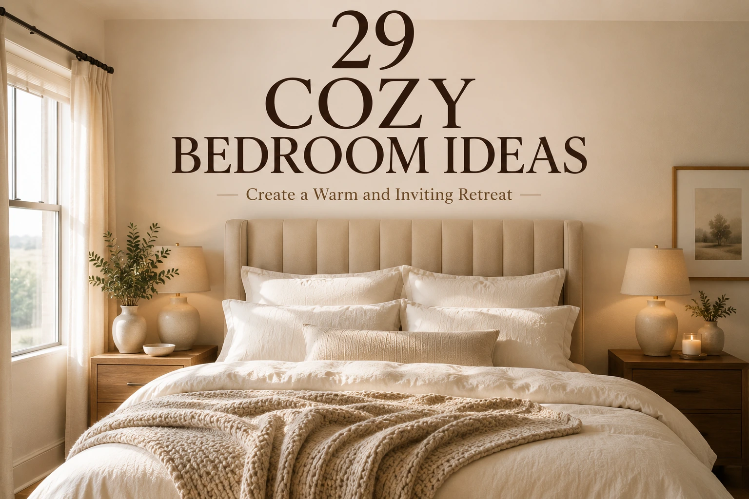 cozy bedroom ideas layout diagram with layered linen bedding and warm lighting