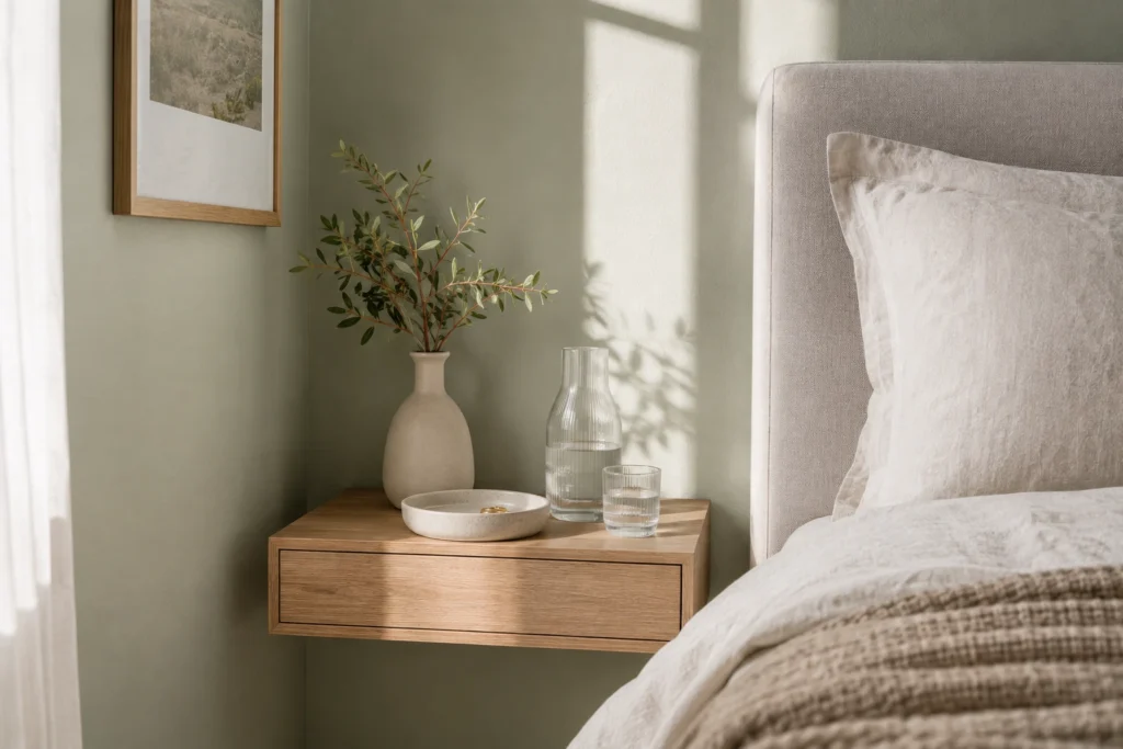 whispering coastal sage green wall in small bedroom with light oak nightstand