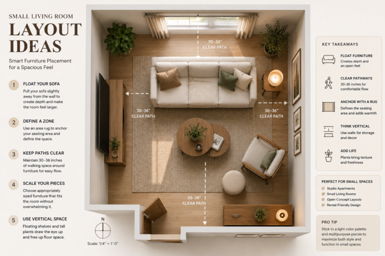 Infographic diagram showing functional small living room layout plans with dimensions and furniture arrangement tips.