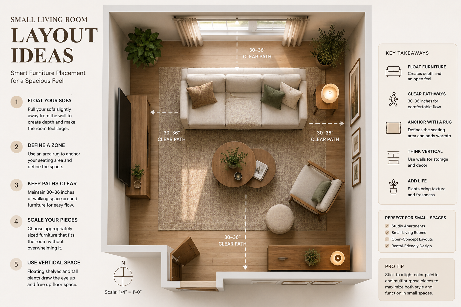 Infographic diagram showing functional small living room layout plans with dimensions and furniture arrangement tips.