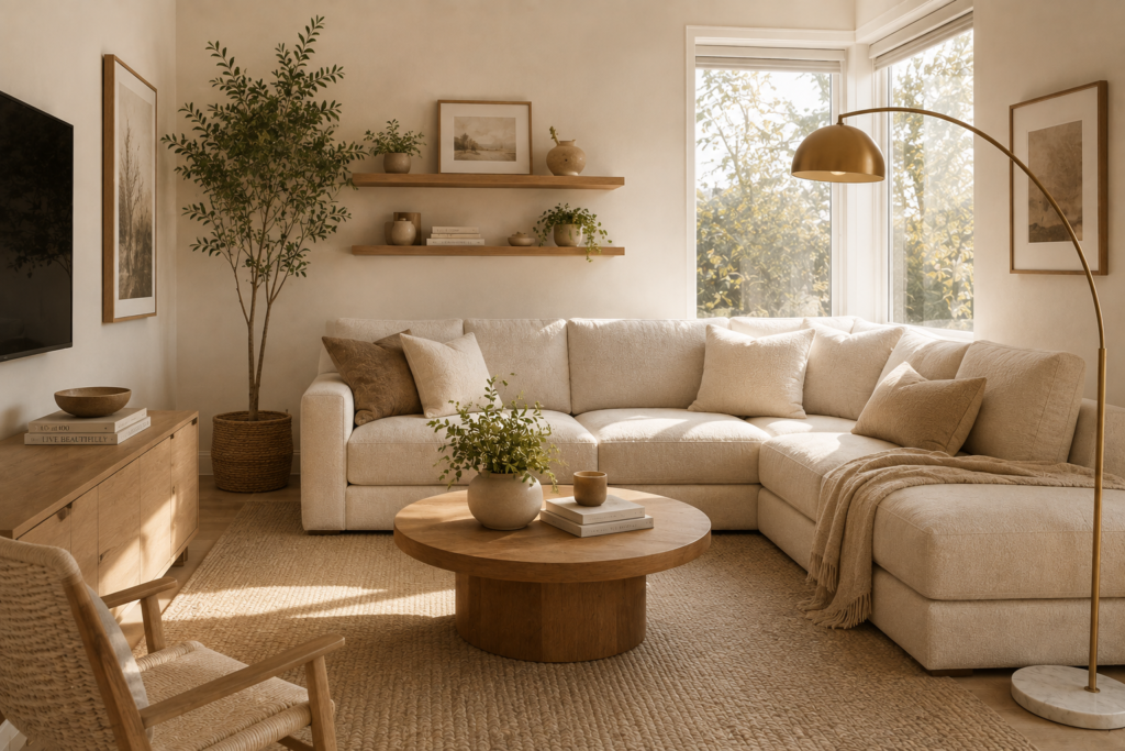 Compact neutral corner chaise sectional placed neatly in a sunlit small apartment living room.