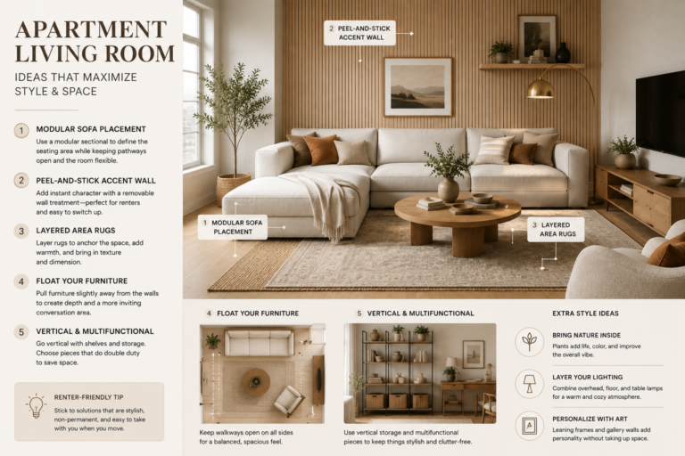 Infographic showing rental apartment living room ideas with zero-damage styling and modular layout tips