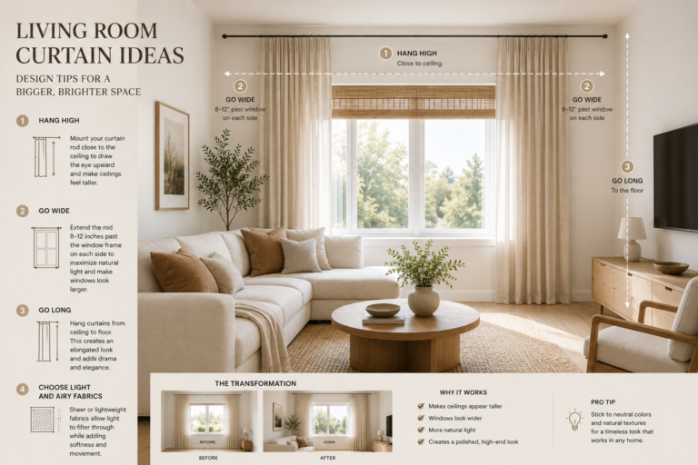 Infographic showing curtain ideas for living room windows with high and wide hanging measurements.