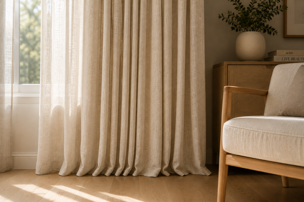 Tailored oatmeal linen pinch pleat drapes kissing the light hardwood floor beside a modern armchair.