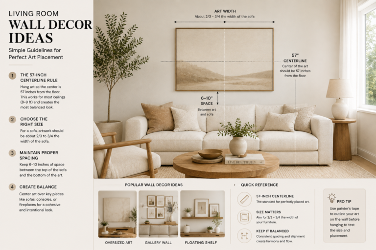 Infographic showing living room wall decor ideas with gallery wall spacing and art hanging height rules.
