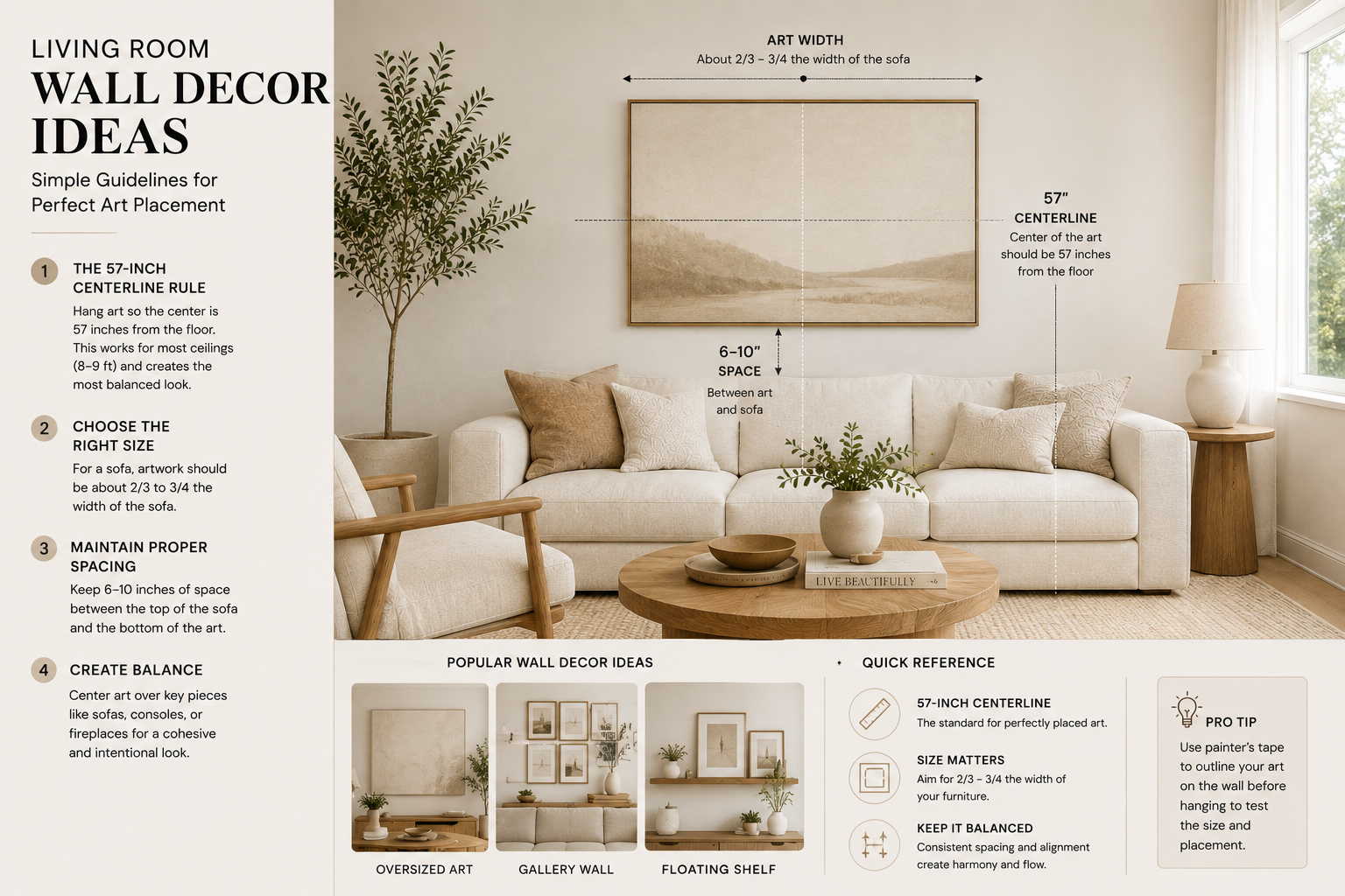 Infographic showing living room wall decor ideas with gallery wall spacing and art hanging height rules.