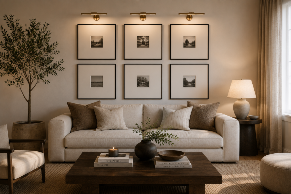 Symmetrical six-frame square grid gallery wall with thin black frames and wide white mat boards illuminated by brass picture lights.