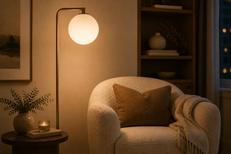 Modern brass floor lamp with frosted milky globe shade glowing in a living room corner