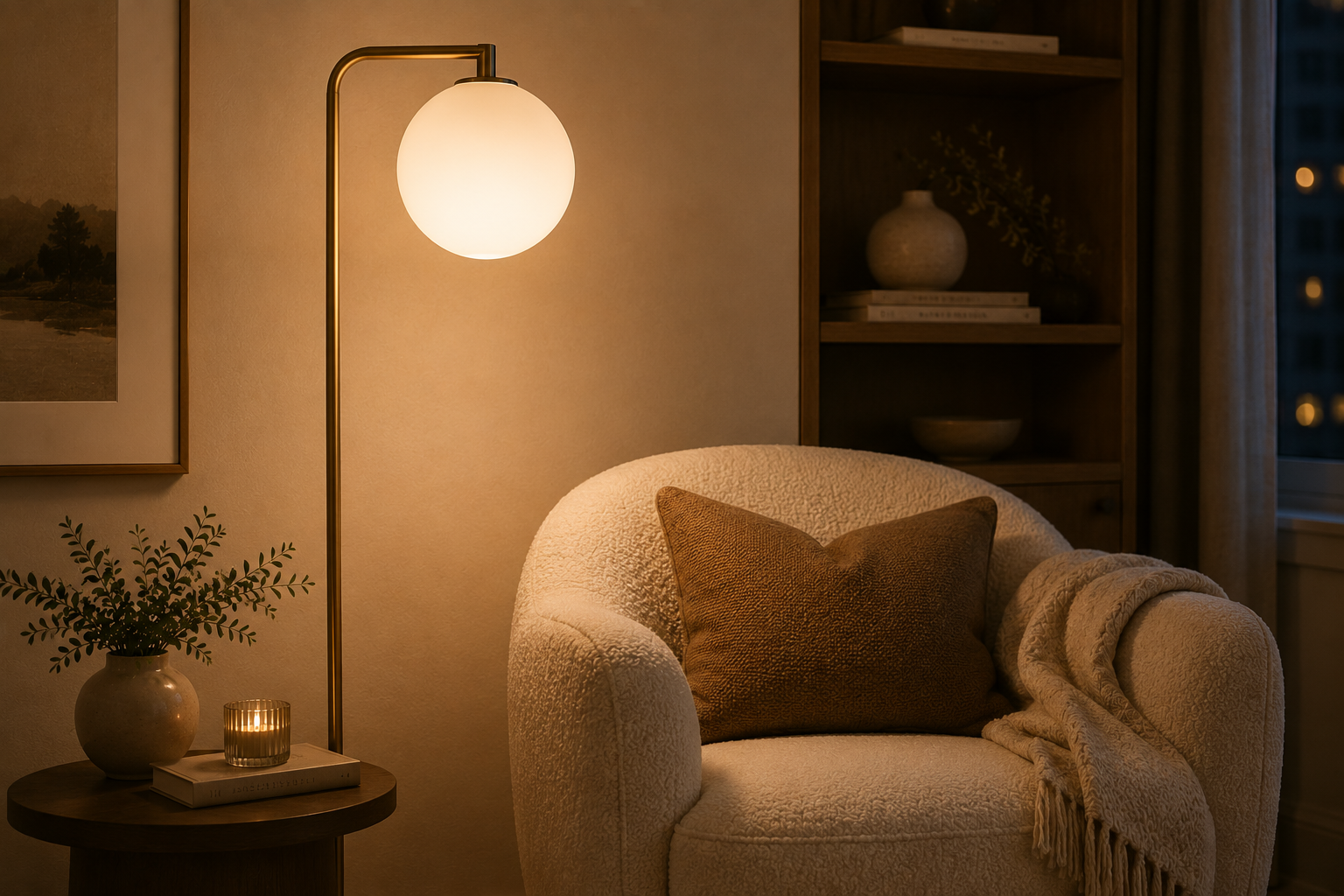 Modern brass floor lamp with frosted milky globe shade glowing in a living room corner