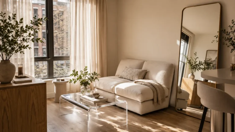 Small apartment living room ideas showcasing a bright, space-saving layout with a low-profile neutral loveseat and a clear acrylic coffee table.