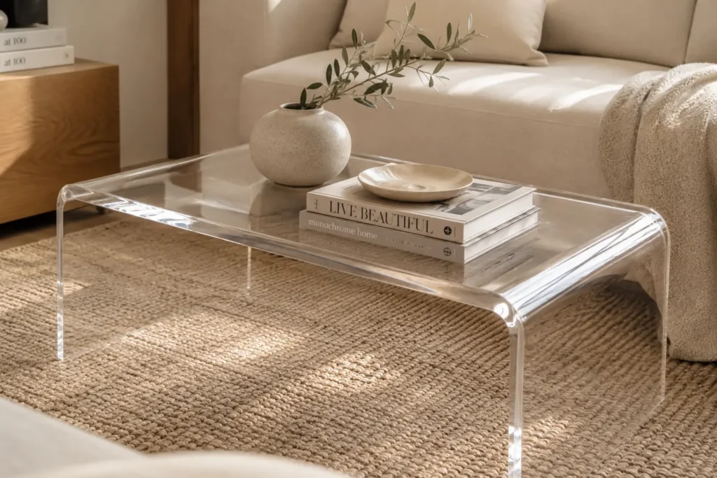 A clear acrylic coffee table making a small apartment living room feel open and spacious.