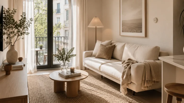 Small living room layout ideas showing a well-styled narrow space with a floating cream sofa and minimalist round coffee table.