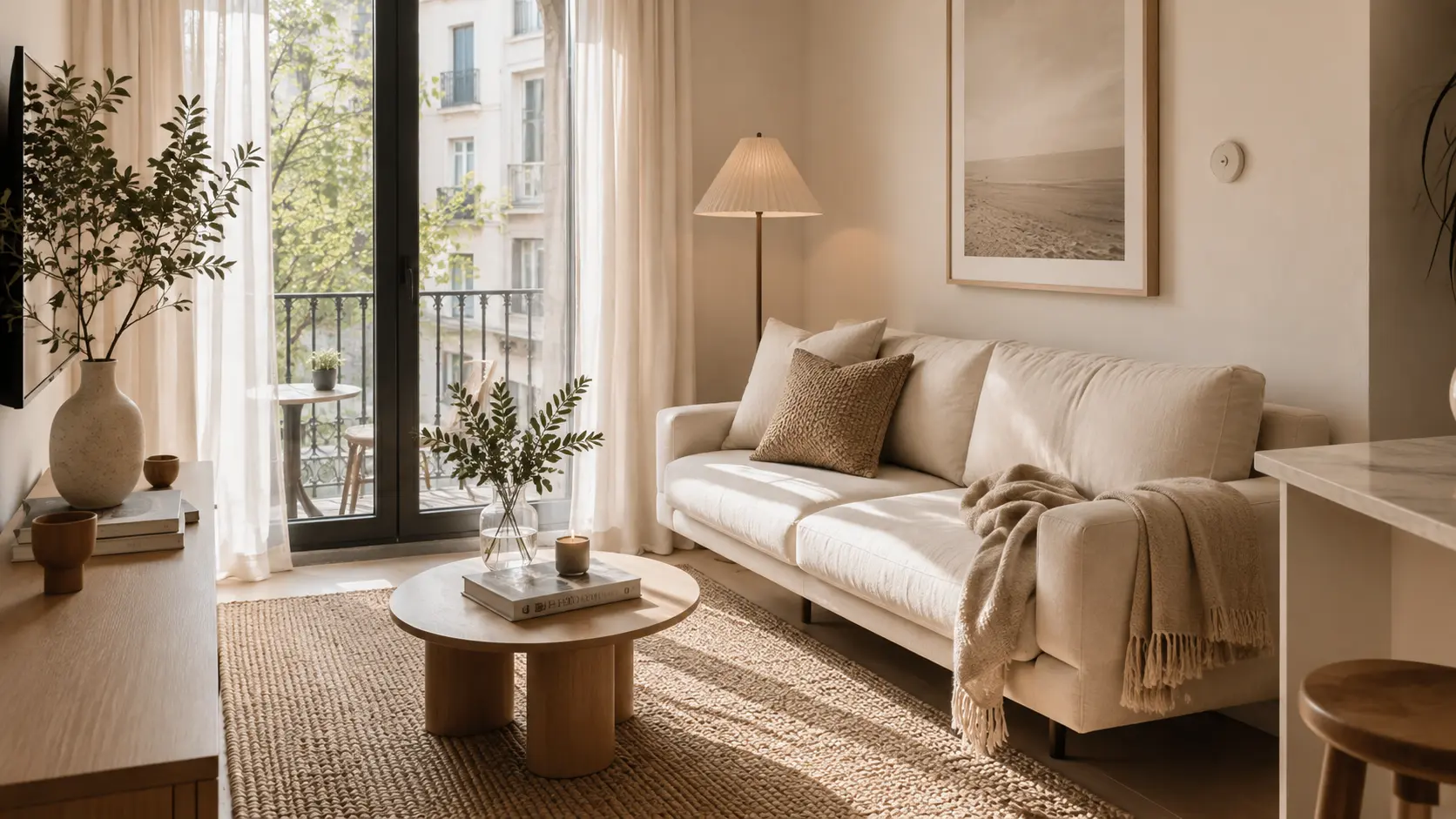 Small living room layout ideas showing a well-styled narrow space with a floating cream sofa and minimalist round coffee table.
